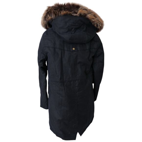 Barbour Thrunton Faux Fur-Trim Waxed Cotton Jacket In Navy Blue Women’s Size 4 - Picture 13 of 13